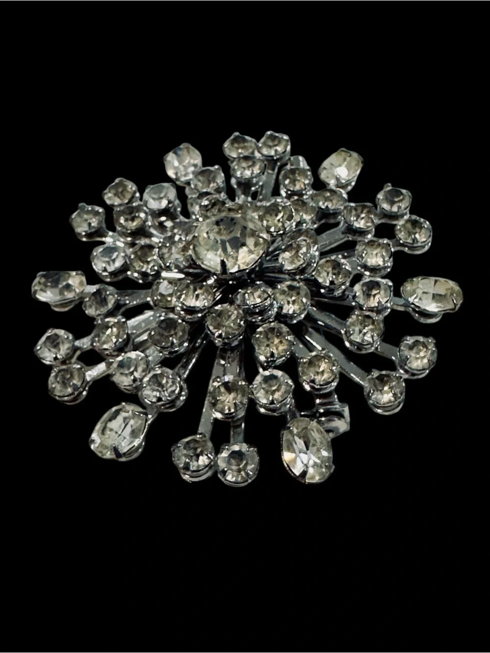Vintage Rhinestone Starburst Brooch Silver Tone Atomic Mid Century Statement Pin